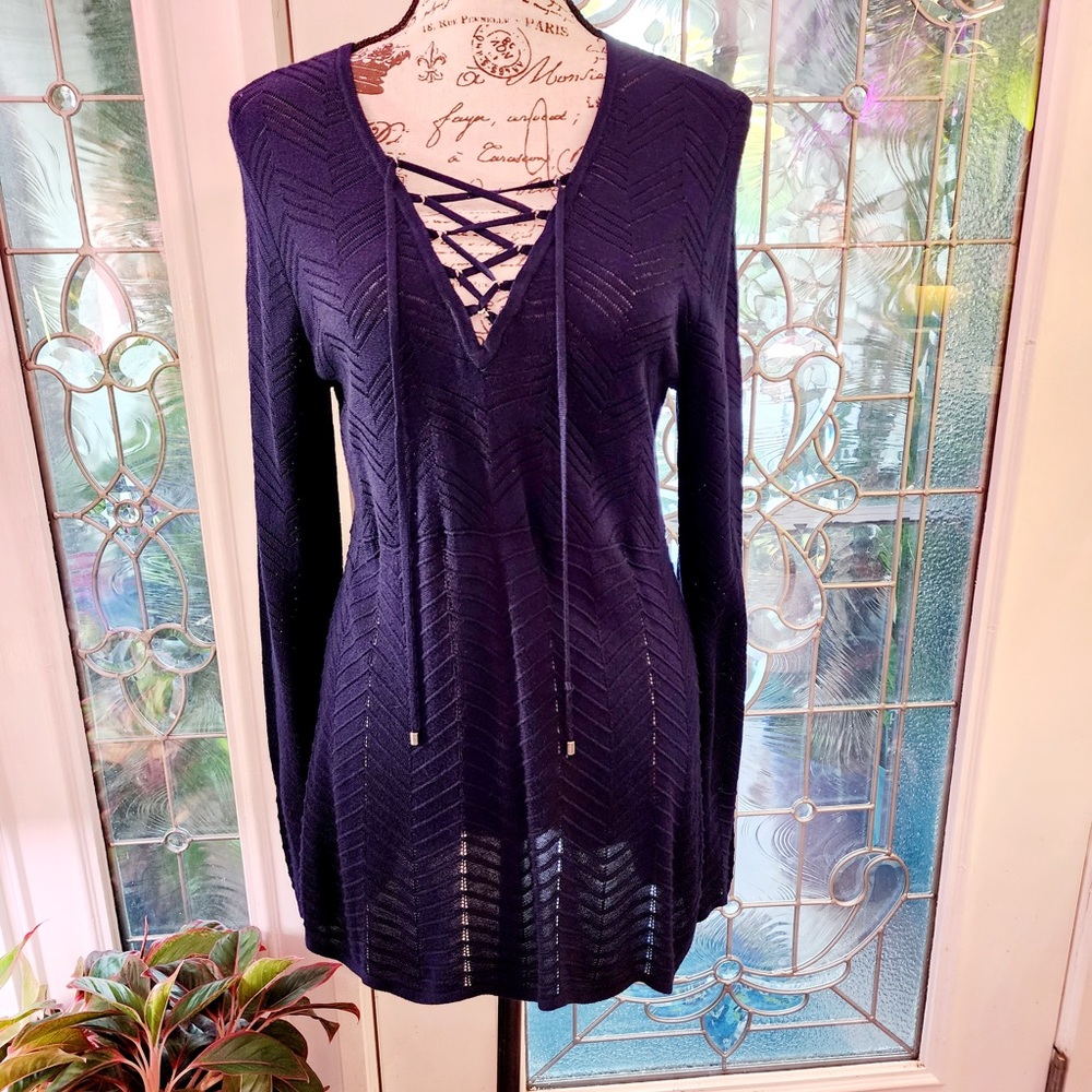 White House Black Market FINAL MARKDOWN Lace-up Sweater, Navy, M